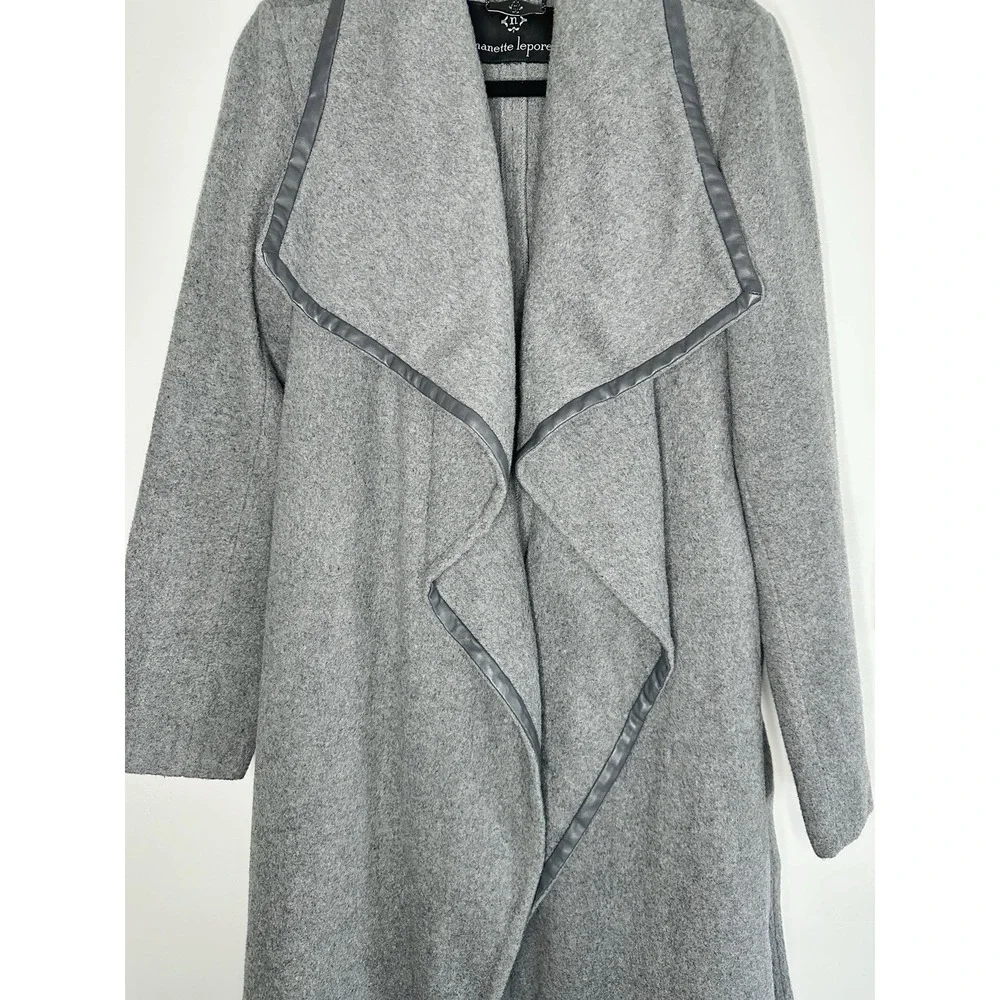Nanette Lepore Gray Wool Blend Faux Leather Trim Wrap Coat Large Minimalist Chic
